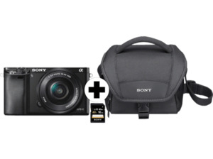 SONY Alpha 6000 KIT (ILCE-6000L) + Tasche + Speicherkarte Systemkamera 24.3 Megapixel mit Objektiv 16-50 mm , 7.5 cm Display  , WLAN
