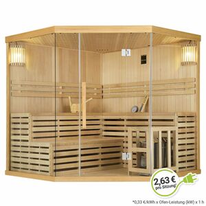 Artsauna Saunakabine Espoo200 Premium  mit Harvia Ofen – 5 Personen – Hemlock Holz & Glasfront