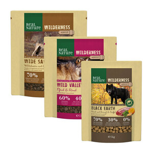 REAL NATURE WILDERNESS Adult Probierpaket 3x1kg Paket 4: Rind, WIldschwein, Pferd
