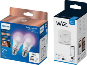 PHILIPS Smart LED 60W Standardform Tunable White & Color Doppelpack inkl. WiZ Plug Einzelpack Smarte Glühbirne E27 16 Mio. Farben