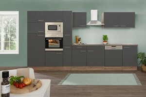 Respekta Küchenprogramm Eiche York Küchenzeile 370 cm inkl. E-Geräte & Mineralite Einbauspüle, grau