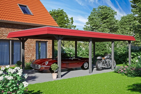 Bild 1 von SKAN HOLZ Carport Wendland 409 x 870 cm mit EPDM-Dach, rote Blende, schiefergrau