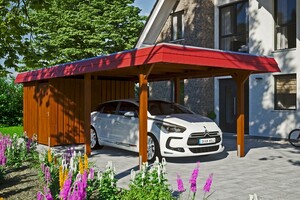 SKAN HOLZ Carport Wendland 362 x 870 cm mit Abstellraum, mit EPDM-Dach, rote Blende, nussbaum