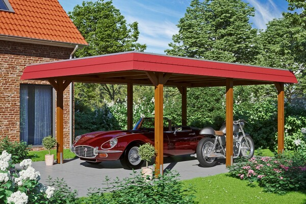 Bild 1 von SKAN HOLZ Carport Wendland 409 x 628 cm mit EPDM-Dach, rote Blende, nussbaum