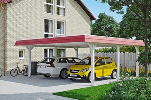 SKAN HOLZ Carport Wendland 630 x 637 cm mit EPDM-Dach, rote Blende, weiß