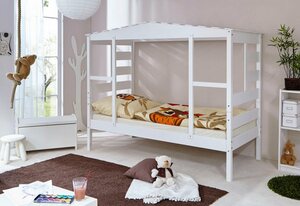Ticaa Kinderbett in Hausoptik aus massiver Kiefer, wahlweise mit Textil-Set