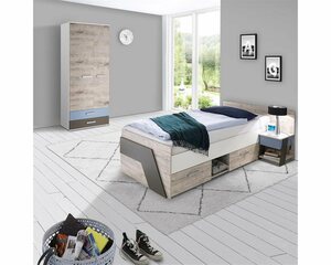 Lomadox Jugendzimmer-Set »LEEDS-10«, (Sparset, 4-tlg), mit Bett 90x200 cm 3-teilig mit Kleiderschrank in Sandeiche Nb. mit weiß, Lava und Denim Blau
