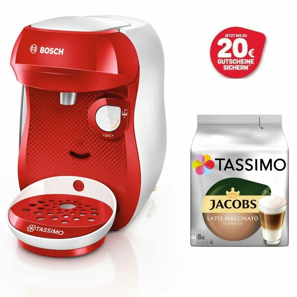 Bild 1 von TASSIMO Kapselmaschine HAPPY Rot +20 € Gutschein 1400 Watt + 1 Packung Latte Macchiato