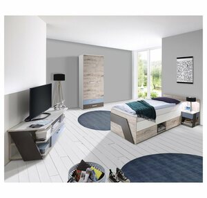 Lomadox Jugendzimmer-Set »LEEDS-10«, (Sparset, 5-tlg), mit Bett 90x200 cm mit Kleiderschrank in Sandeiche Nb. mit weiß, Lava und Denim Blau