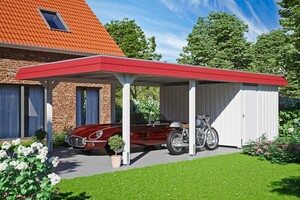 SKAN HOLZ Carport Wendland 409 x 870 cm mit Abstellraum, mit Aluminiumdach, rote Blende, weiß