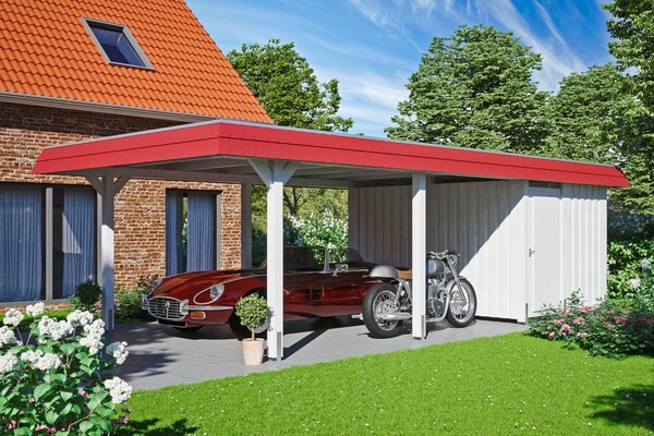 Bild 1 von SKAN HOLZ Carport Wendland 409 x 870 cm mit Abstellraum, mit Aluminiumdach, rote Blende, weiß
