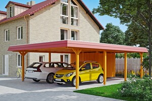 SKAN HOLZ Carport Wendland 630 x 879 cm mit Abstellraum, mit EPDM-Dach, rote Blende, eiche hell