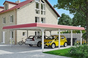 SKAN HOLZ Carport Wendland 630 x 879 cm mit Aluminiumdach, rote Blende, weiß