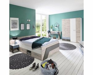 Lomadox Jugendzimmer-Set »LEEDS-10«, (Sparset, 4-tlg), mit Bett 140x200 cm und Schreibtisch 4-teilig in Sandeiche Nb. mit weiß, Lava und Denim Blau