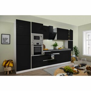 Respekta Premium Küchenzeile/Küchenblock Grifflos 385 cm Schwarz Hochglanz-Weiß