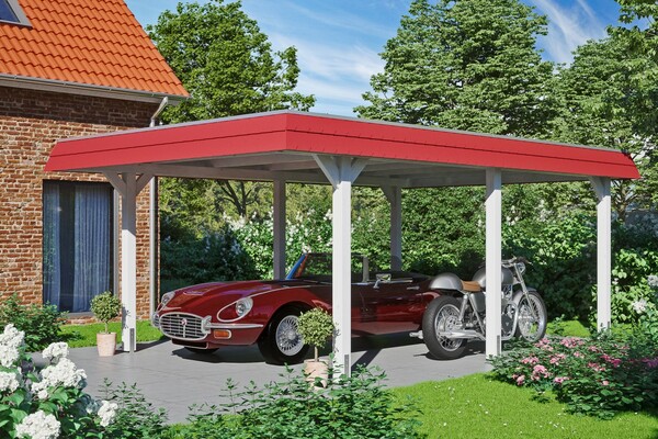 Bild 1 von SKAN HOLZ Carport Wendland 409 x 628 cm mit Aluminiumdach, rote Blende, weiß