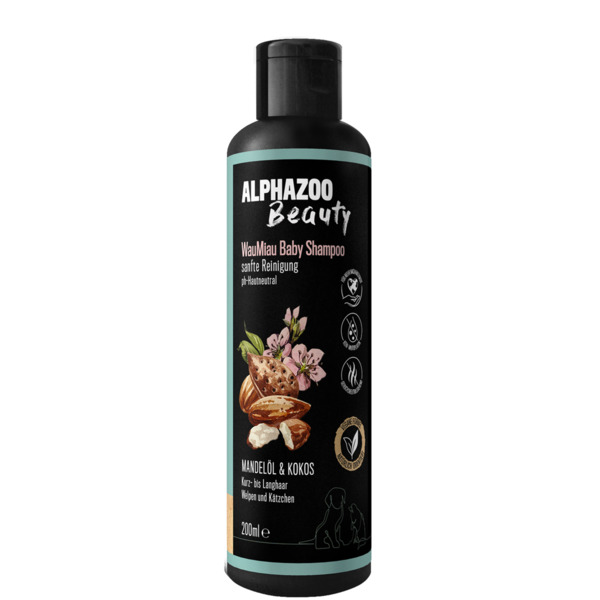 Bild 1 von Shampoo für junge Hunde & Katzen | 200 ml | sanft reinigend | mit nährendem Madelöl & Vitaminen | alphazoo WauMiau Baby Shampoo