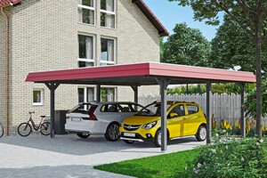SKAN HOLZ Carport Wendland 630 x 637 cm mit Aluminiumdach, rote Blende, schiefergrau