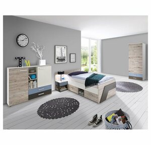 Lomadox Jugendzimmer-Set »LEEDS-10«, (Sparset, 4-tlg), mit 90x200 cm Bett, 4-teilig mit Kleiderschrank in Sandeiche Nb. mit weiß, Lava und Denim Blau