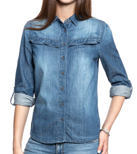 MUSTANG Denim-Hemd legeres Damen Blusen-Shirt mit Rüschen Blau
