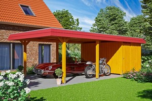 SKAN HOLZ Carport Wendland 409 x 870 cm mit Abstellraum, mit EPDM-Dach, rote Blende, eiche hell