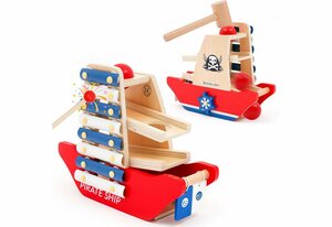 BeebeeRun Lernspielzeug »3 in 1 Pirat Kugelbahn & Xylophon & Klopfbank«, Holzspielzeug Musikspielzeug Lernspielzeug Weihnachtsgeschenke