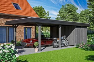 SKAN HOLZ Carport Wendland 409 x 870 cm mit Abstellraum, mit EPDM-Dach, schwarze Blende, schiefergrau