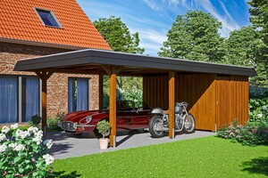 SKAN HOLZ Carport Wendland 409 x 870 cm mit Abstellraum, mit EPDM-Dach, schwarze Blende, nussbaum