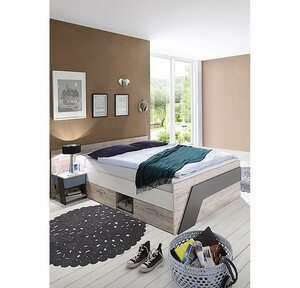 Lomadox Einzelbett »LEEDS-10«, Jugendbett Set mit Bett 140x200 cm und Nachttisch in Sandeiche Nb. mit weiß, Lava und Denim Blau