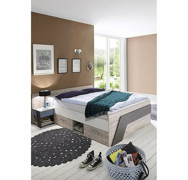 Bild 1 von Lomadox Einzelbett »LEEDS-10«, Jugendbett Set mit Bett 140x200 cm und Nachttisch in Sandeiche Nb. mit weiß, Lava und Denim Blau