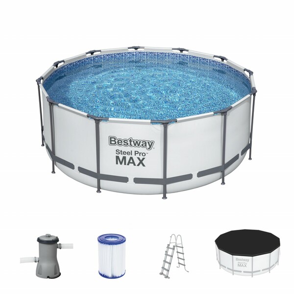 Bild 1 von Bestway Steel Pro Max Frame Pool Komplett-Set rund Ø 366 x 122 cm, mit Filterpumpe, Sicherheitsleiter und Abdeckplane