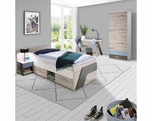 Lomadox Jugendzimmer-Set »LEEDS-10«, (Sparset, 4-tlg), mit Bett 90x200 cm 4-teilig mit Kleiderschrank in Sandeiche Nb. mit weiß, Lava und Denim Blau