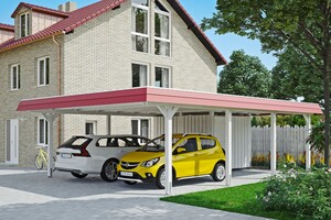 SKAN HOLZ Carport Wendland 630 x 879 cm mit Abstellraum, mit EPDM-Dach, rote Blende, weiß