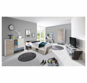 Lomadox Jugendzimmer-Set »LEEDS-10«, (Sparset, 6-tlg), mit Bett 90x200 cm 6-teilig mit Kleiderschrank in Sandeiche Nb. mit weiß, Lava und Denim Blau