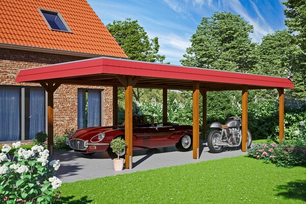 Bild 1 von SKAN HOLZ Carport Wendland 409 x 870 cm mit EPDM-Dach, rote Blende, nussbaum