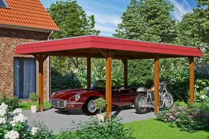 SKAN HOLZ Carport Wendland 409 x 628 cm mit Aluminiumdach, rote Blende, nussbaum