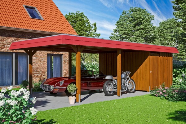 Bild 1 von SKAN HOLZ Carport Wendland 409 x 870 cm mit Abstellraum, mit EPDM-Dach, rote Blende, nussbaum
