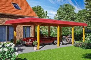 SKAN HOLZ Carport Wendland 409 x 870 cm mit Aluminiumdach, rote Blende, eiche hell