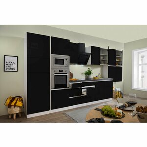 Respekta Premium Küchenzeile/Küchenblock Grifflos 435 cm Schwarz Hochglanz-Weiß