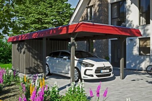 SKAN HOLZ Carport Wendland 362 x 870 cm mit Abstellraum, mit EPDM-Dach, rote Blende, schiefergrau