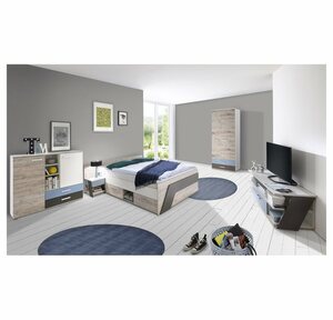 Lomadox Jugendzimmer-Set »LEEDS-10«, (Sparset, 6-tlg), mit Bett 140x200 cm mit 60cm Kleiderschrank in Sandeiche Nb. mit weiß, Lava und Denim Blau