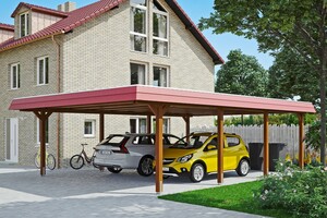 SKAN HOLZ Carport Wendland 630 x 879 cm mit EPDM-Dach, rote Blende, nussbaum