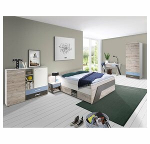 Lomadox Jugendzimmer-Set »LEEDS-10«, (Sparset, 5-tlg), Jugendzimmer Komplett-Set mit Bett 140x200 cm mit Kleiderschrank in Sandeiche Nb. mit weiß, Lava und Denim Blau