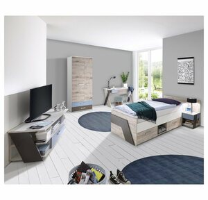 Lomadox Jugendzimmer-Set »LEEDS-10«, (Sparset, 5-tlg), mit Bett 90x200 cm 5-teilig mit Kleiderschrank in Sandeiche Nb. mit weiß, Lava und Denim Blau