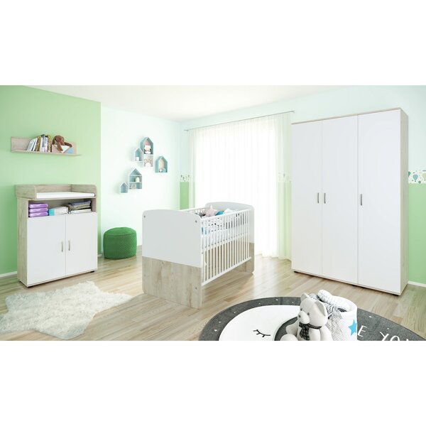 Bild 1 von nonjoo. Babyzimmer Lani Set 7: best. aus Babybett, Kommode, Wickelaufsatz, Wandboard und Kleiderschrank 3-trg.