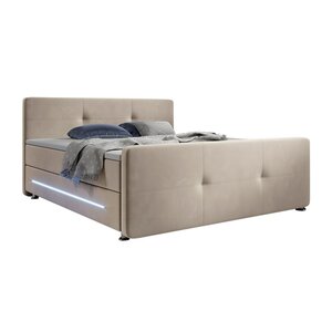 Juskys Boxspringbett Houston 140x200 cm - Bett mit LED, Topper & Federkern-Matratzen – Stoff Beige