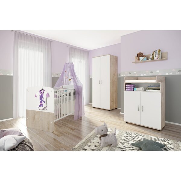 Bild 1 von nonjoo. Babyzimmer Lani Set 3: best. aus Babybett, Kommode, Wickelaufsatz, Wandboard und Kleiderschrank 2-trg.