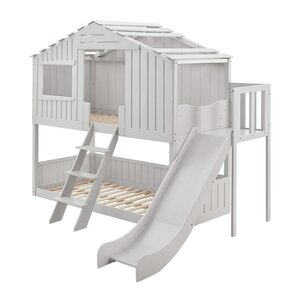 Juskys Kinderbett Baumhaus 90x200 cm Weiß mit Rutsche, Dach & Lattenrost – Hausbett für Kinder