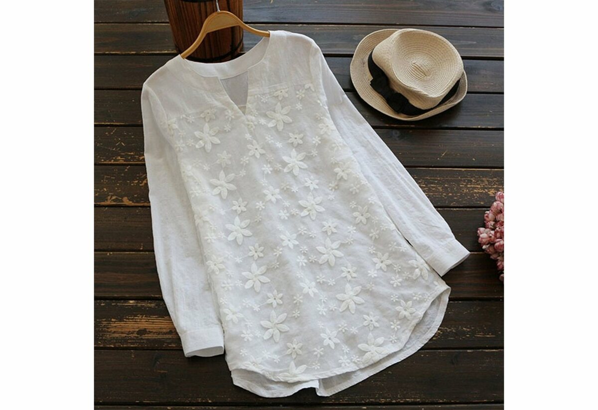Bild 1 von Masbekte Langarmshirt V-Ausschnitt Damen Bluse, Weiß Elegant Spitze Oberteile Shirt, Herbst Gestickt-Blume Langarm, Vintage Blusen, Lose Shirts