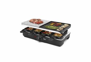 Suntec Wellness Raclette RAC-8212 EVOLUTION, Raclettepfännchen mit regulierbarem Thermostat, Raclette-Grill Aluminium-Grillplatte & Naturstein, inkl. 8 Pfännchen & 8 Spatel, Tischgrill für bis zu